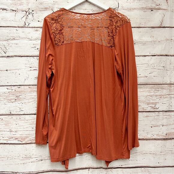 TORRID Super Soft Rust Burnt Orange Front Drape Lace Yoke Cardigan Sweater Sz 1 - Picture 8 of 8